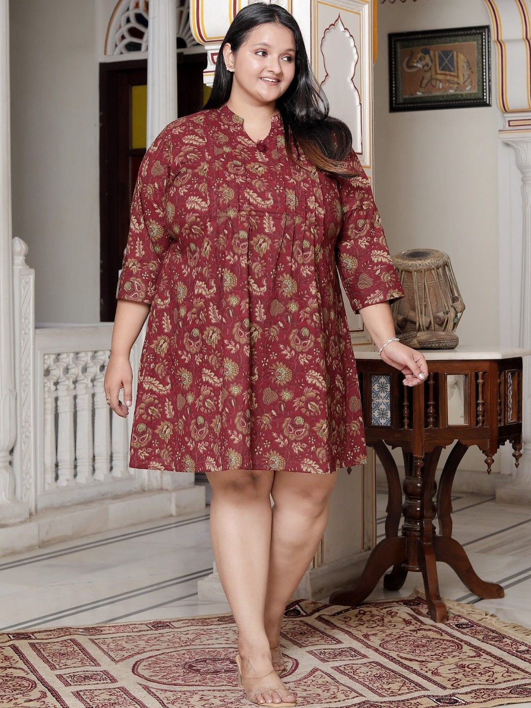 Swasti Women Maroon Floral Printed Mandarin Collar Cotton A-Line Dress