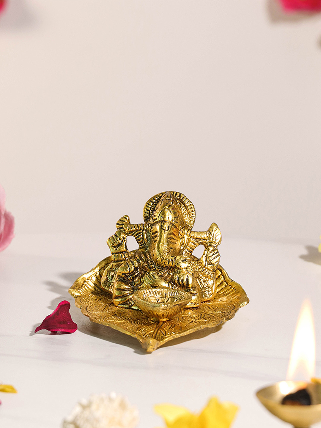 Art Street Mental Ganesha Idol on Peepal Leaf with Diya Oil Lamp for Pooja Room
