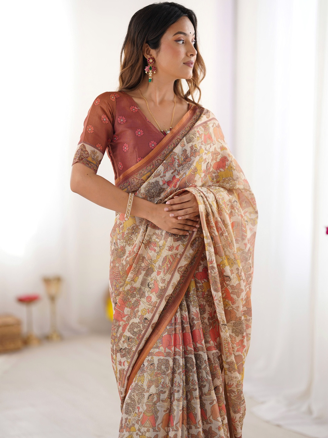 VISVASTA Flora Pure Linen Block Print Saree With Elegant Tassels