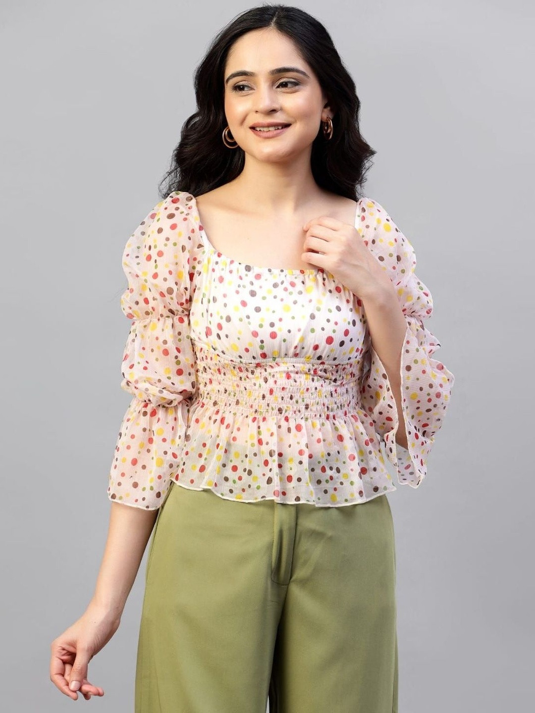 RVDP Women Polka Dot Printed Flared Sleeve Peplum Top