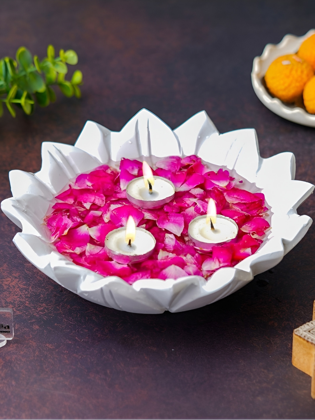 eCraftIndia White Lotus Urli Decorative Bowl With Candle Holder