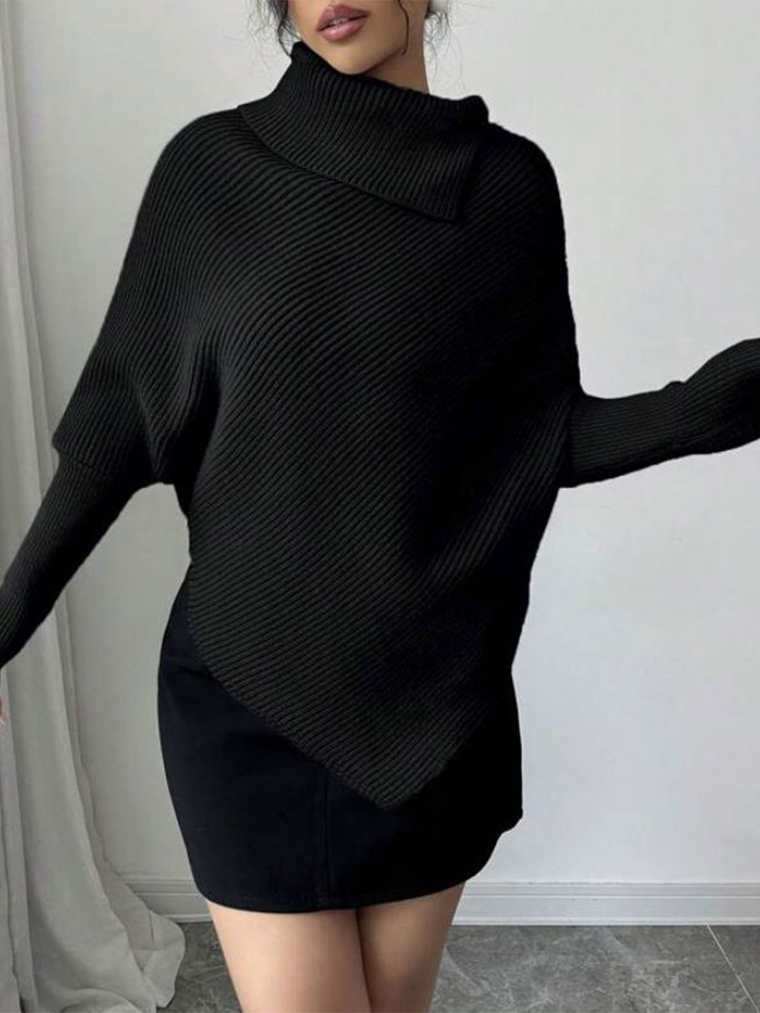 StyleCast Women Ribbed Cowl Neck Asymmetrical Hem Pullover Sweater