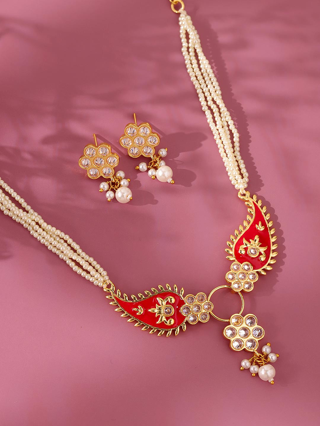 Voylla Gold-Plated AD Studded & Pearls Beaded Gota Patti Phoolmoti Haar Jewellery Set