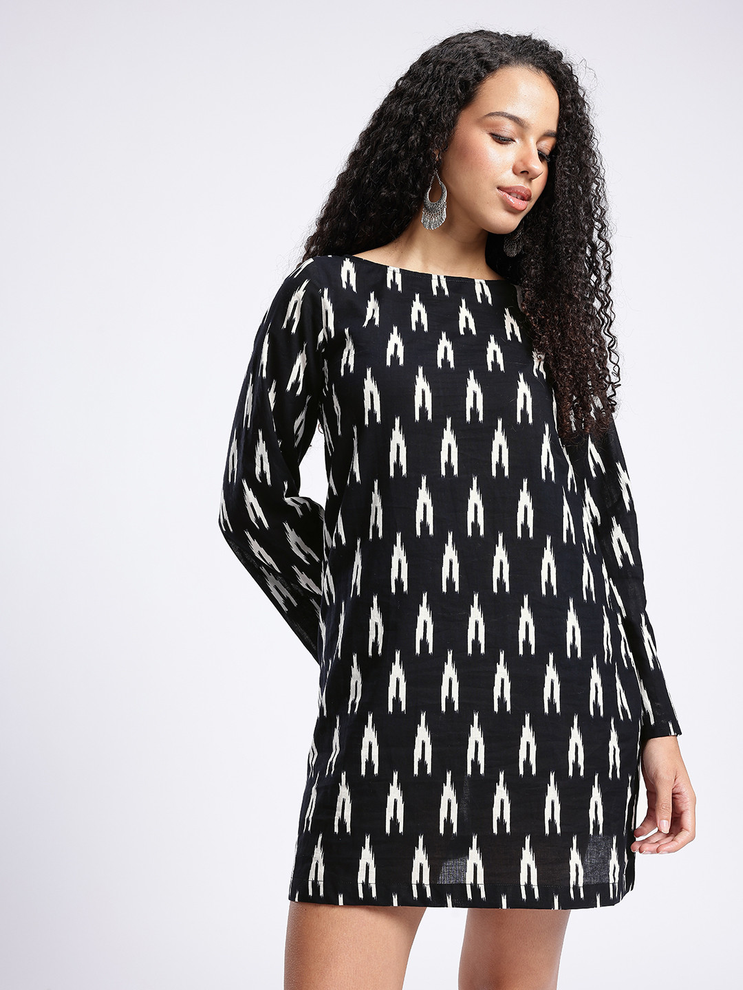Fusion Ikat Print Boat Neck Mini Dress