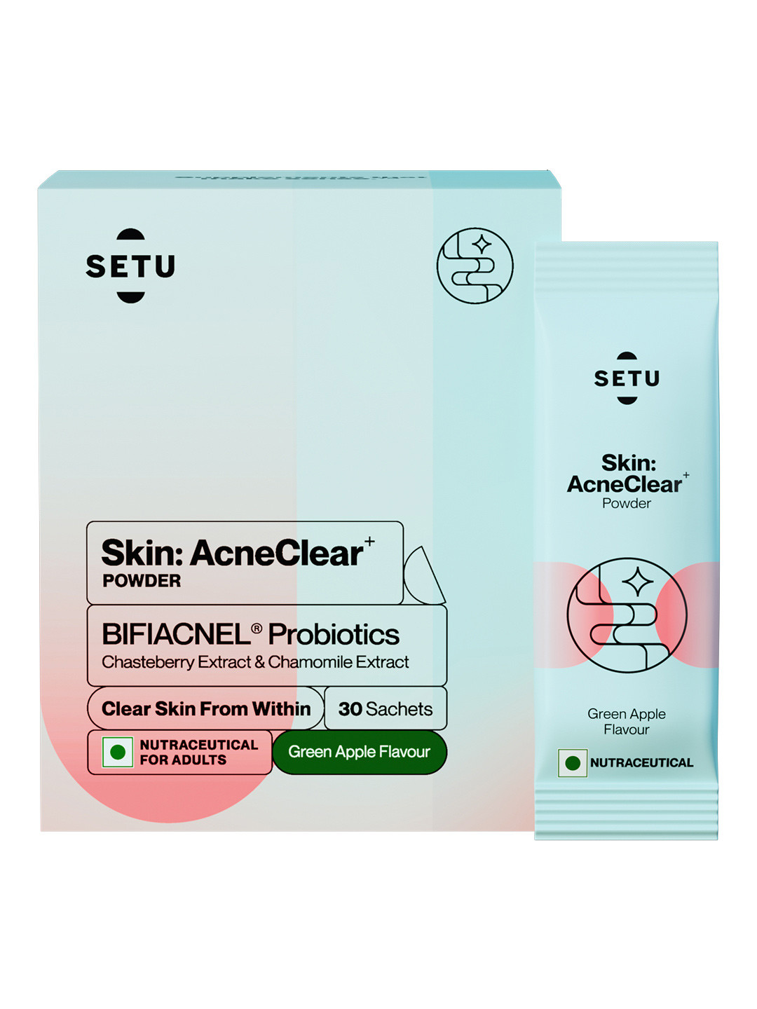 SETU Skin: AcneClear+ Powder - Green Apple Flavour - 30 Sachets
