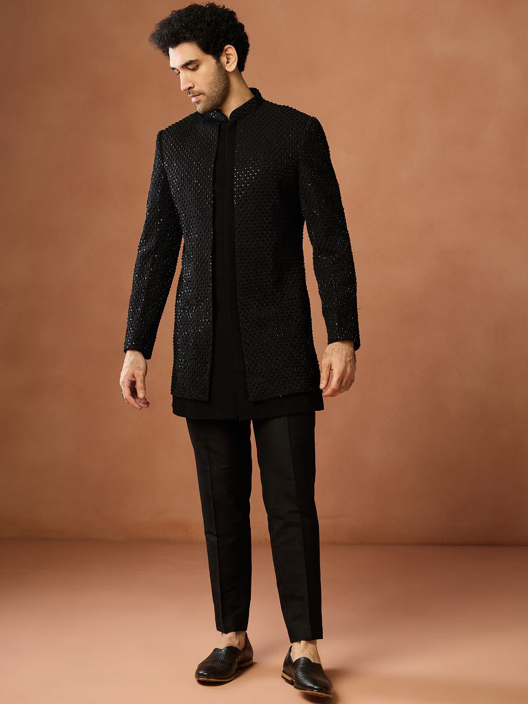 KISAH Men Sequined Embellished Georgette Indo Western Sherwani Set