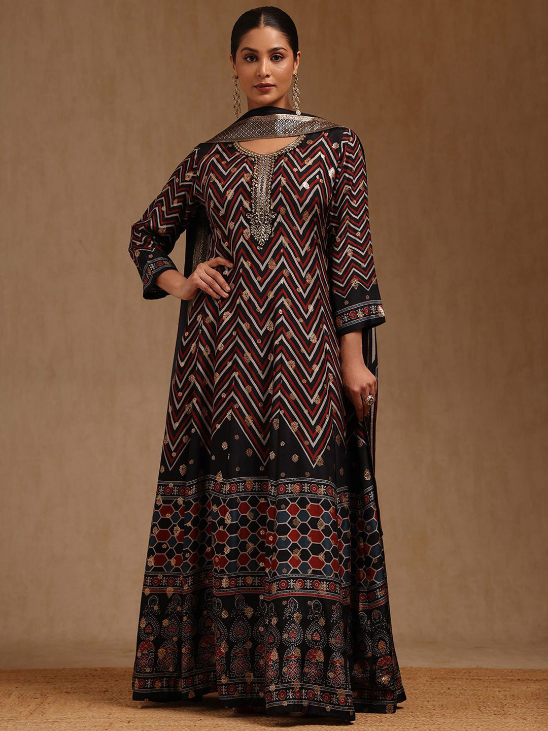 Soch Printed Round Neck A-Line Mirror Work & Cut Dana Ethnic Dresses