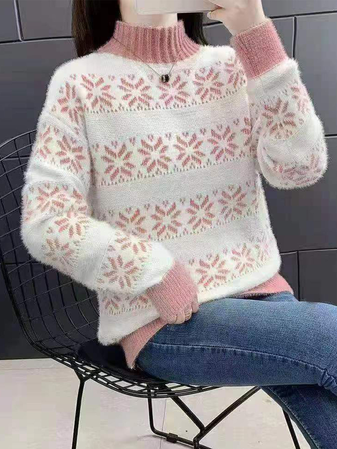 StyleCast Women Fluffy Snowflake Pattern High Neck Pullover Sweater