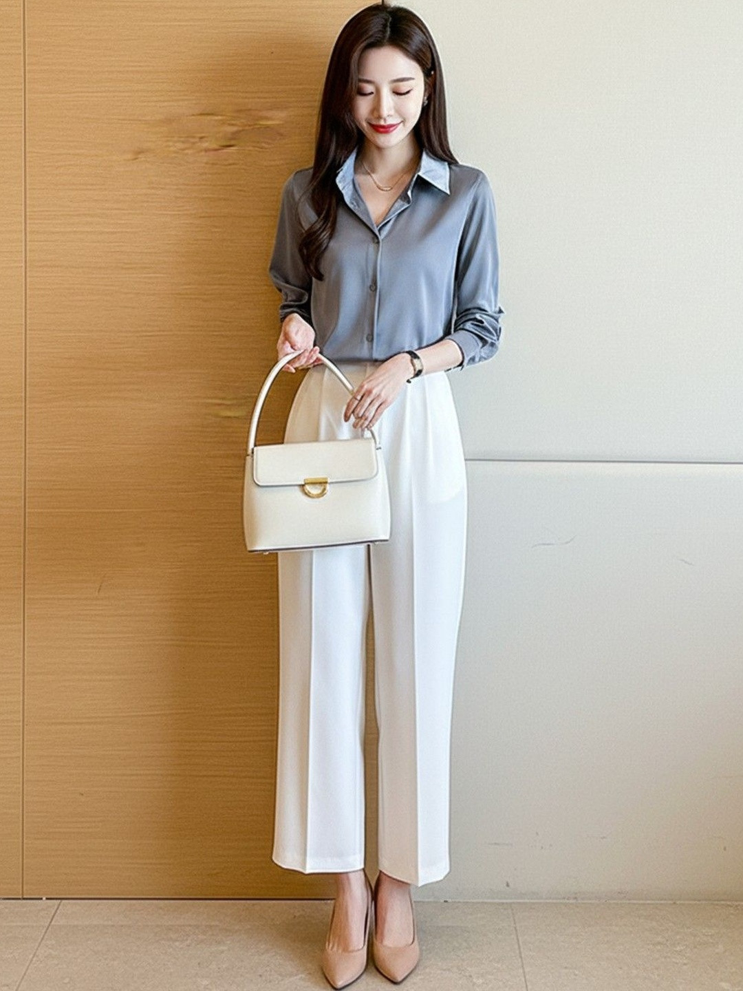 HERE&NOW Women Dark Gray Cotton Spread Collar Long Sleeves Casual Shirt