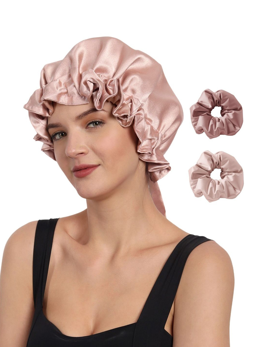 Mueras Women Satin Hair Bonnet & 2 Satin Scrunchies Combo Hair Accessories Set