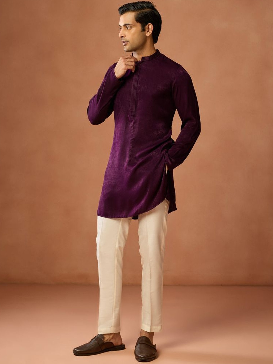KISAH Wine Men Abstract Band Collar Long Sleeves Straight Kurta with Trousers
