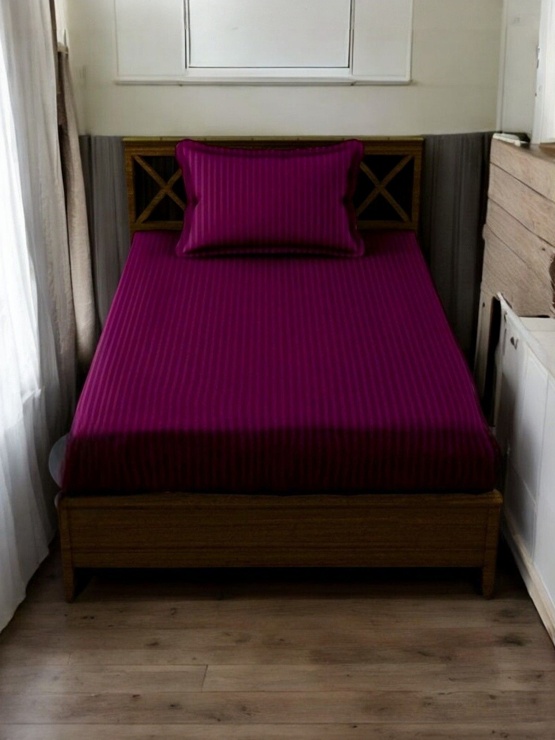 WELLNEST Unisex Self Design Breathable Cotton Bedsheets With One Pillow Cover