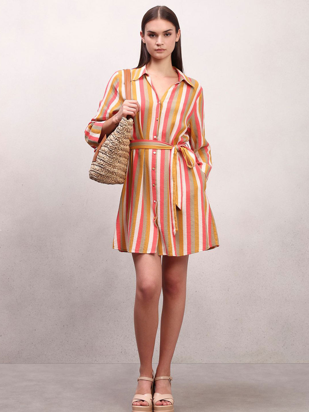 Vero Moda Striped Belted Shirt Collar Regular Sleeves Shirt Above KneeDress