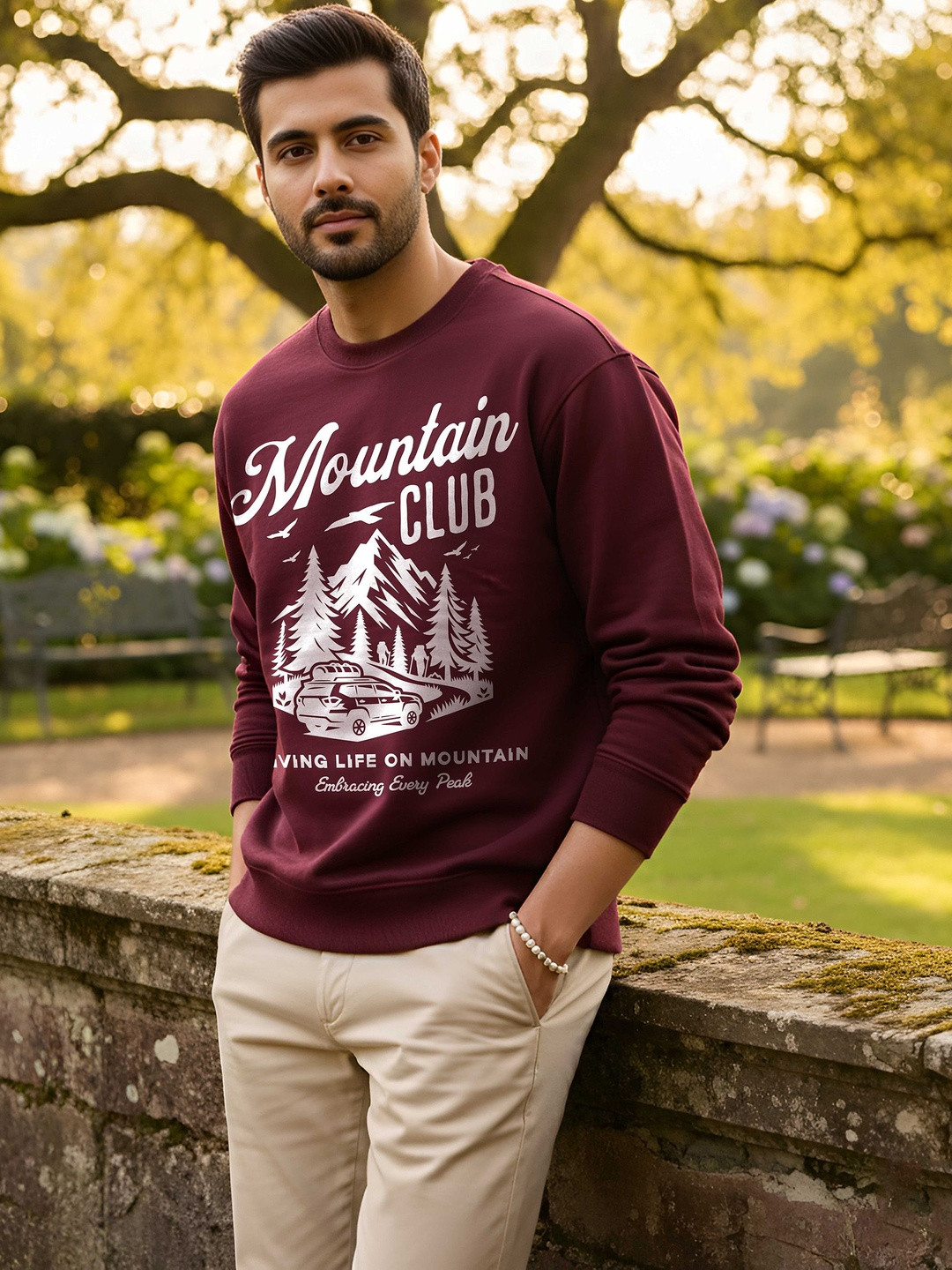 Moda Rapido Men Burgundy Cotton Long sleeve Round Neck Oversize Fit Sweatshirt