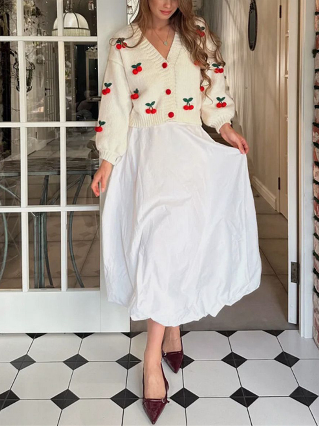 StyleCast Women Self Design Crop Cardigan with Strawberry Applique Detail