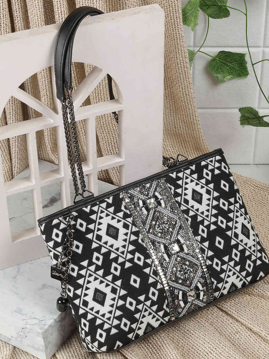 Cheemo Women Geometric Printed Structured Embellished Shoulder Bag