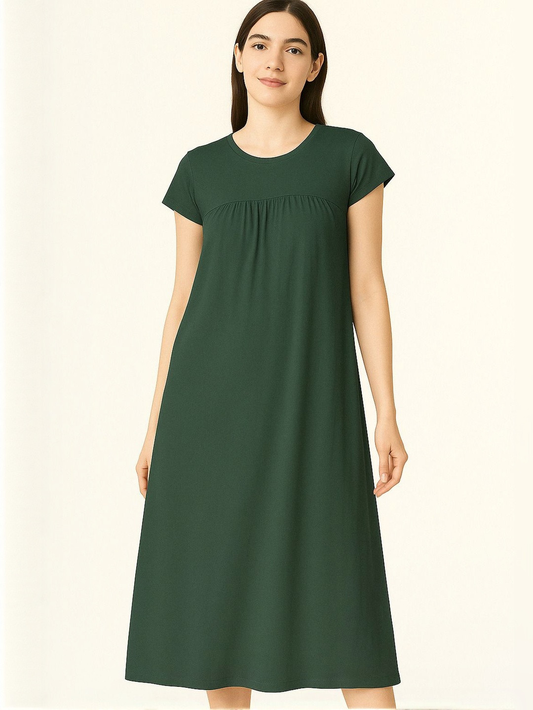 zebu Women Green Round Neck Short Sleeves Polyester Knee Length Nightdress