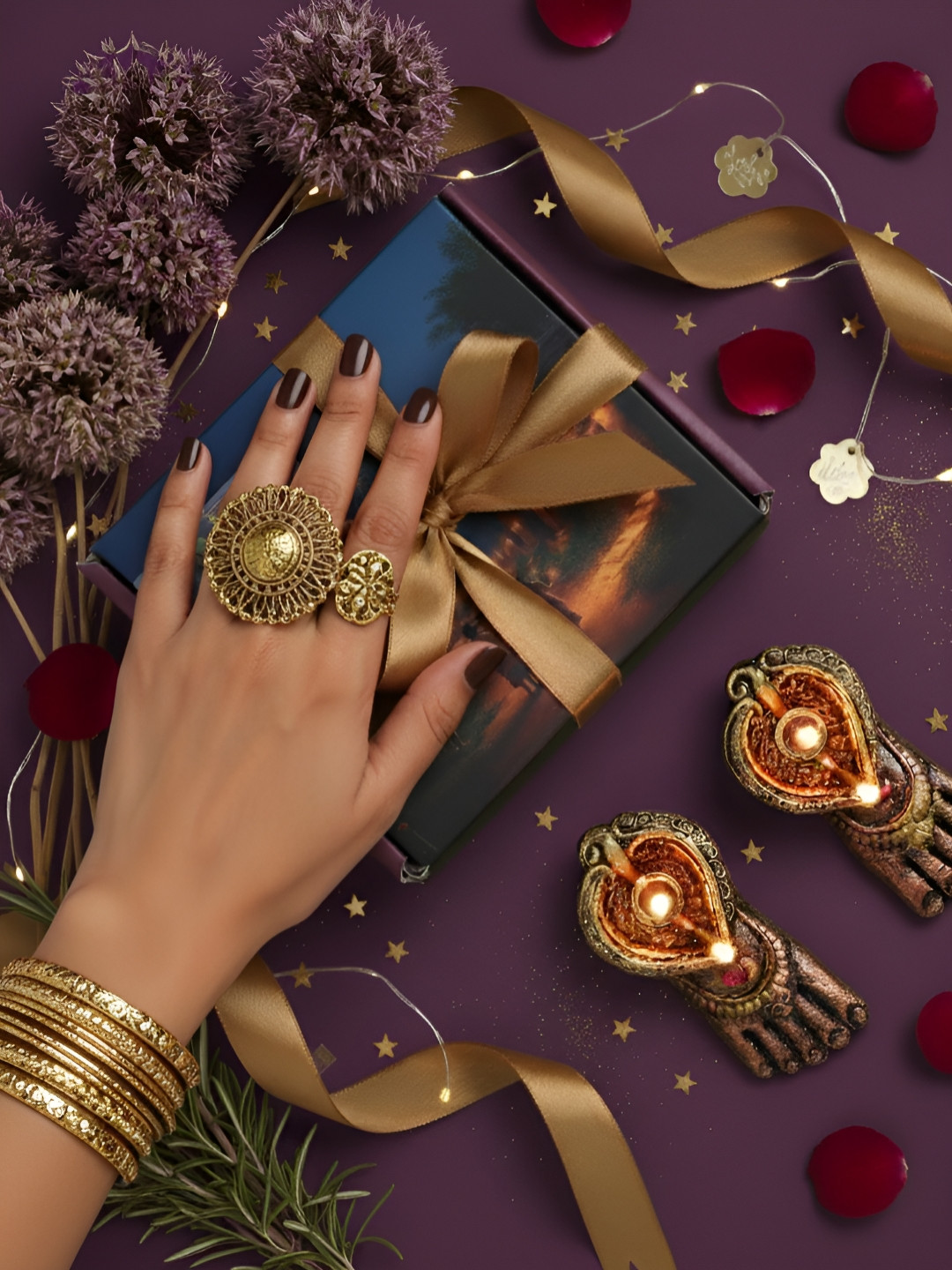 The handicraftian Brown 2 Pieces Textured Charan Designed Diyas