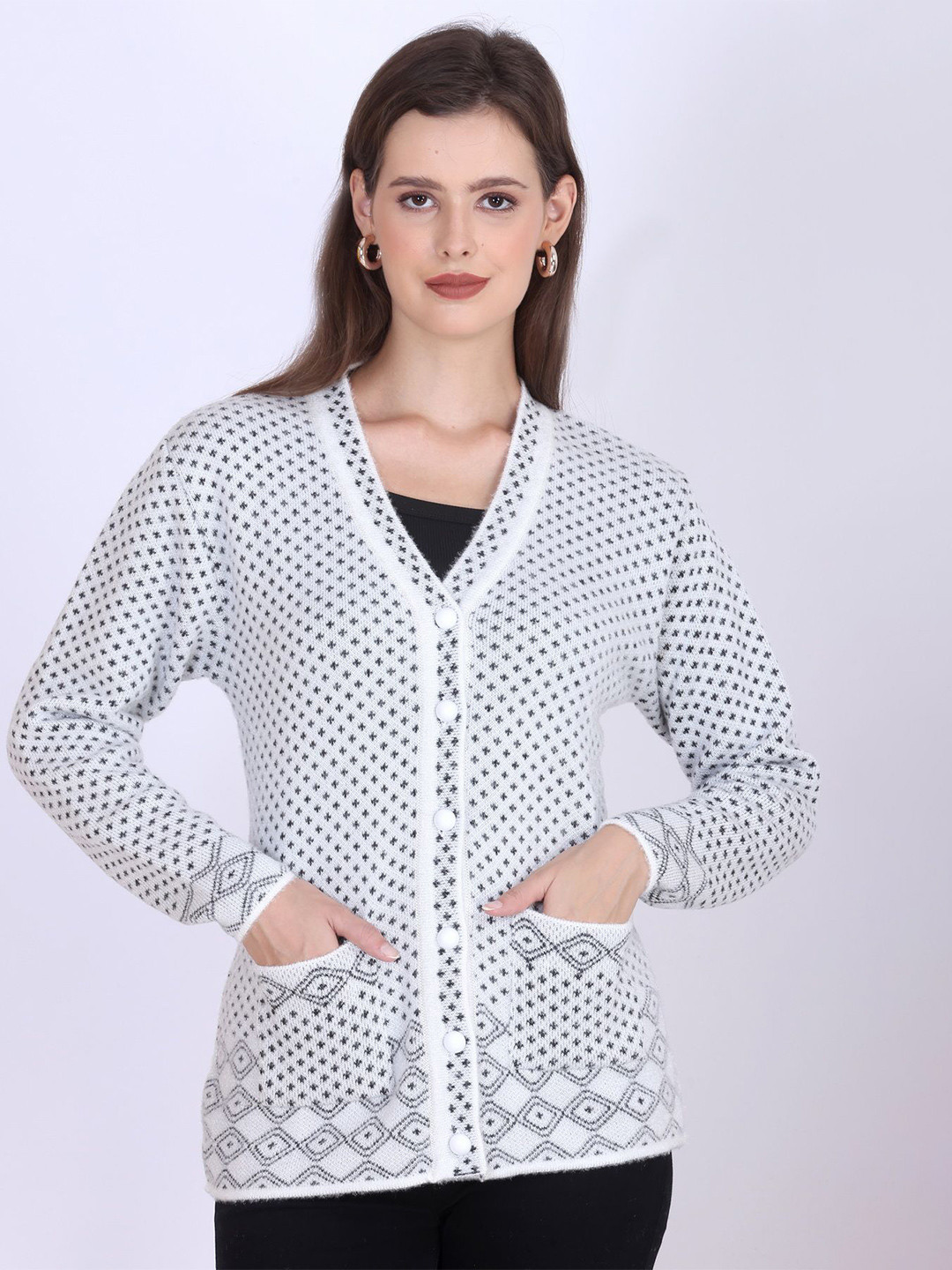 FIRST SLEEP Geometric Self Design Woollen Cardigan