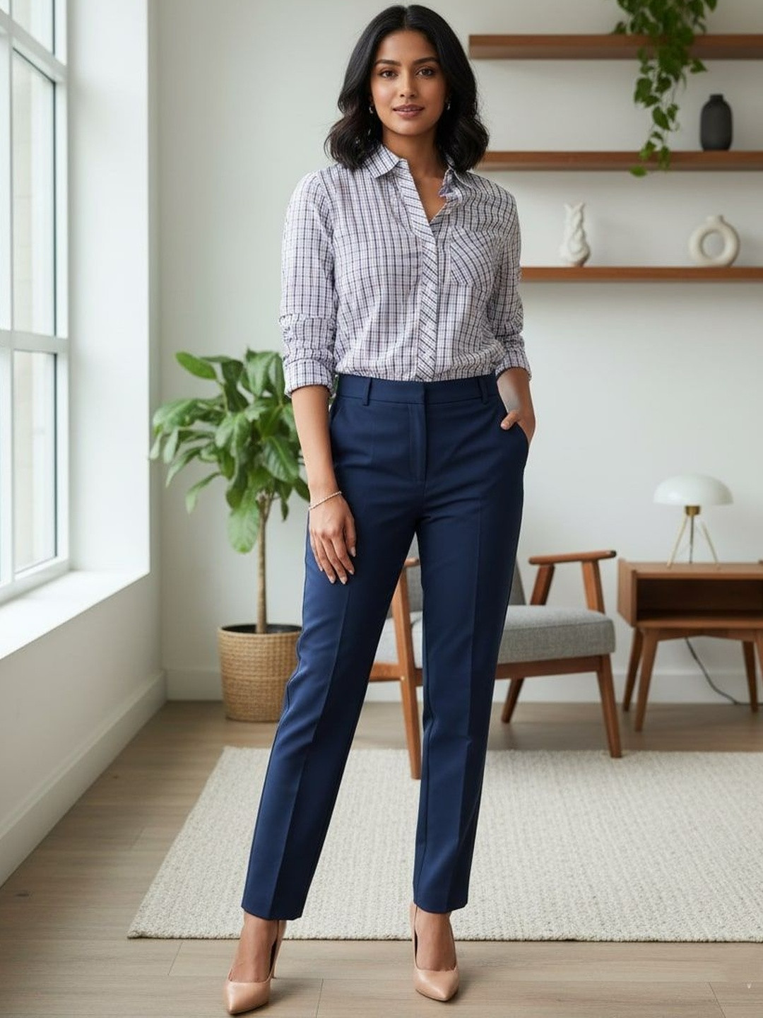 DressBerry Women Blue & White Micro Checks Spread Collar Polycotton Casual Shirt