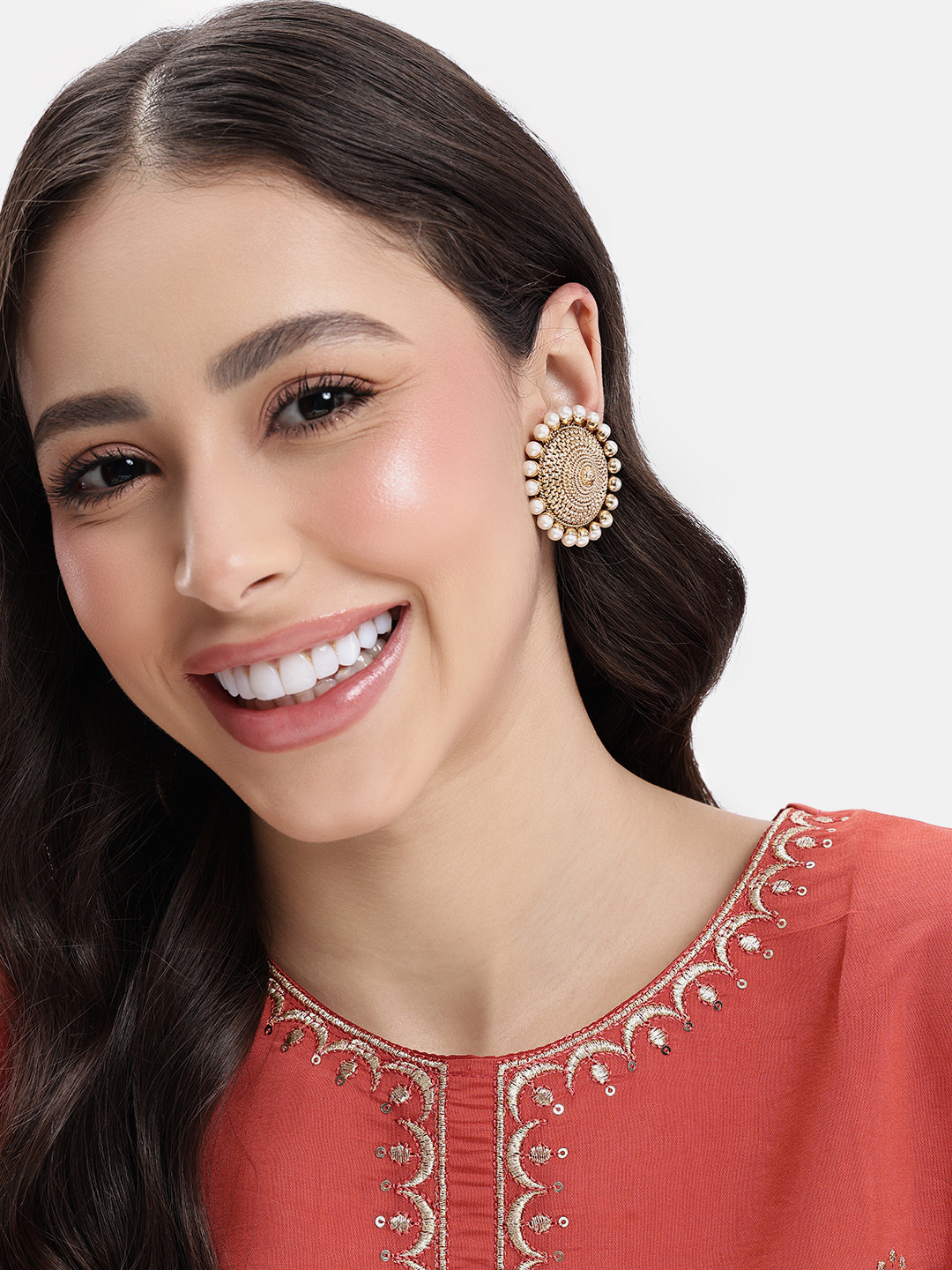 Lavish Giftz Gold Plated Antique Heritage Faux Pearl Oversized Stud Earrings