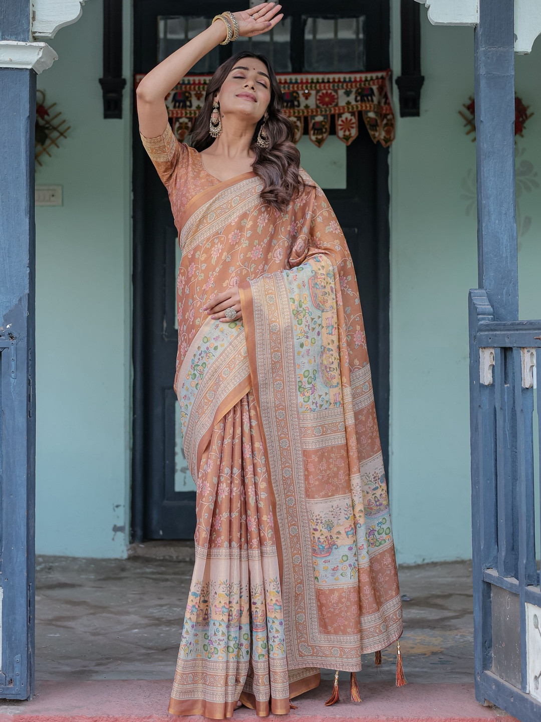 VISVASTA Women Floral Printed Zari Block Print Pure Linen Saree with a Blouse Piece