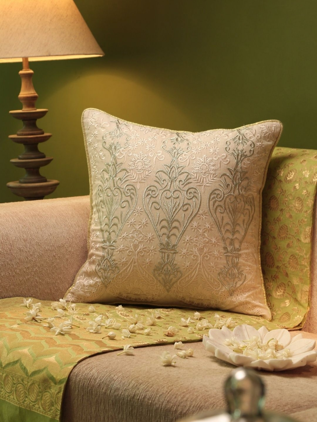 Revive Home Off White & Grey Zari Embroidered Cotton Square Cushion Cover