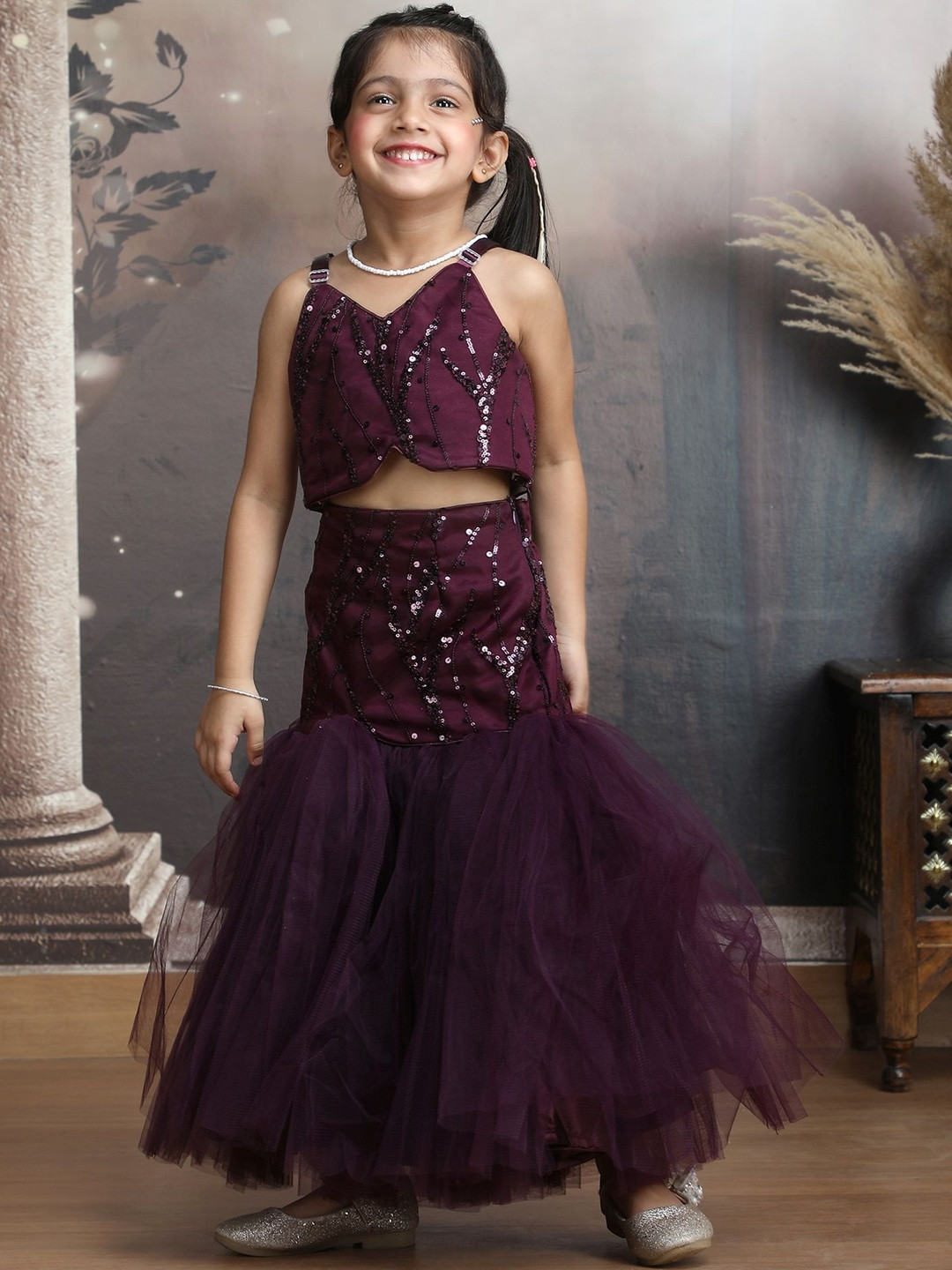 Modish Girl Sequins Embellished Spaghetti Top With Full Length Net Gathered Lehenga