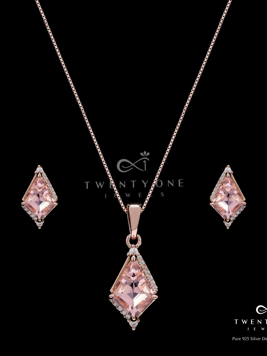 Twenty One Jewels 925 Silver Rose Gold-Plated Morganite-Studded Jewellery Set