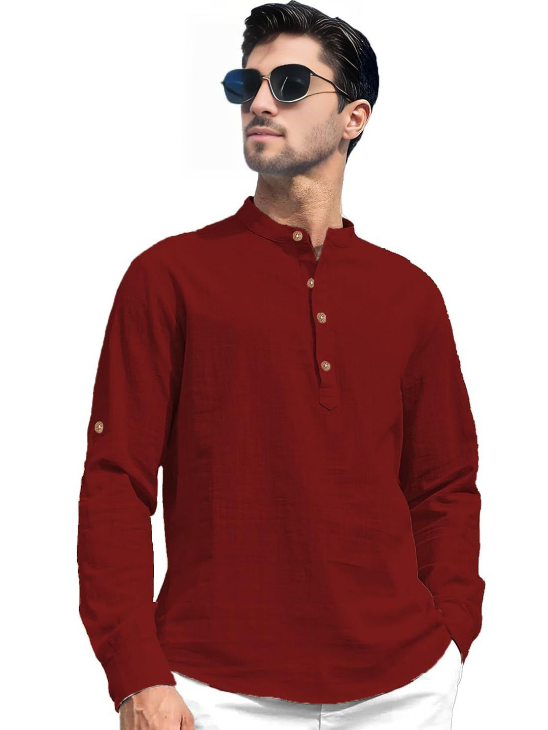 EdinWolf  Band Collor Roll-Up Sleeves Straight Short  Kurta