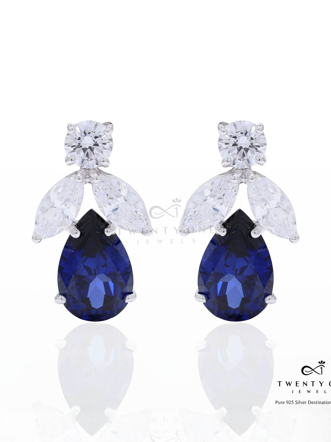 Twenty One Jewels 925 Silver Blue Sapphire Tory Round Cut & Marquise Earrings