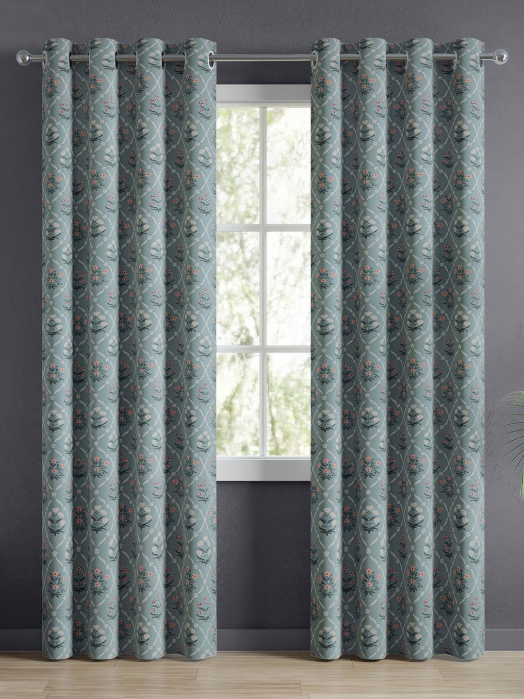 haus & kinder Teal & White Floral Room Darkening Pure Cotton Door Curtains