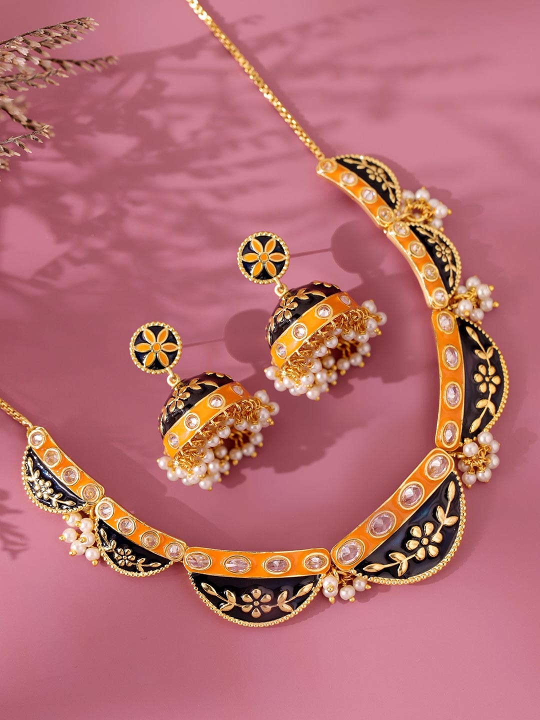 Voylla Gold-Plated AD-Studded & Pearls Beaded Gota Patti Jaipuri Shringar Jewellery Set