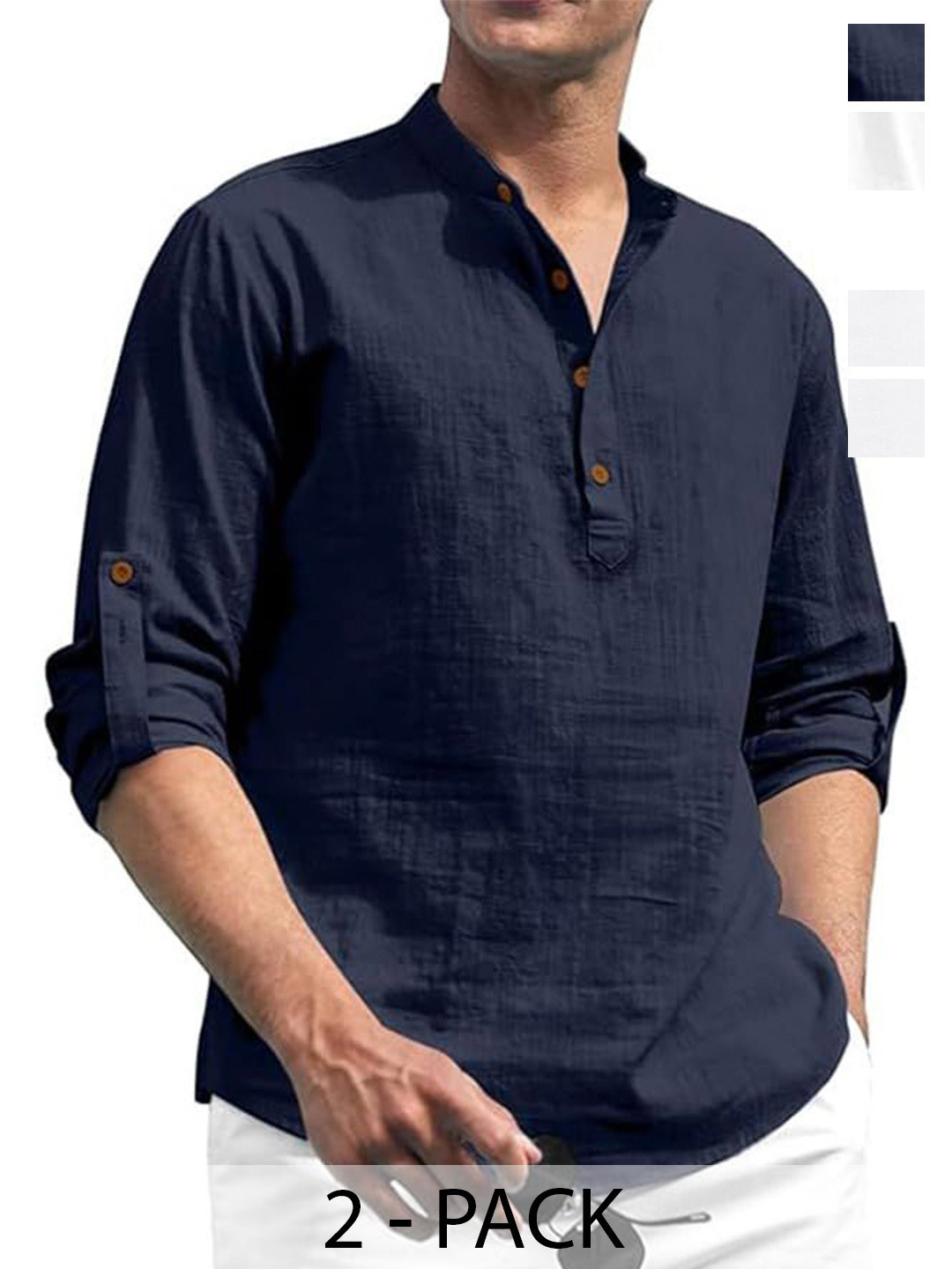 EdinWolf Pack Of 2 Band Collor Roll-Up Sleeves Straight Short Kurtas