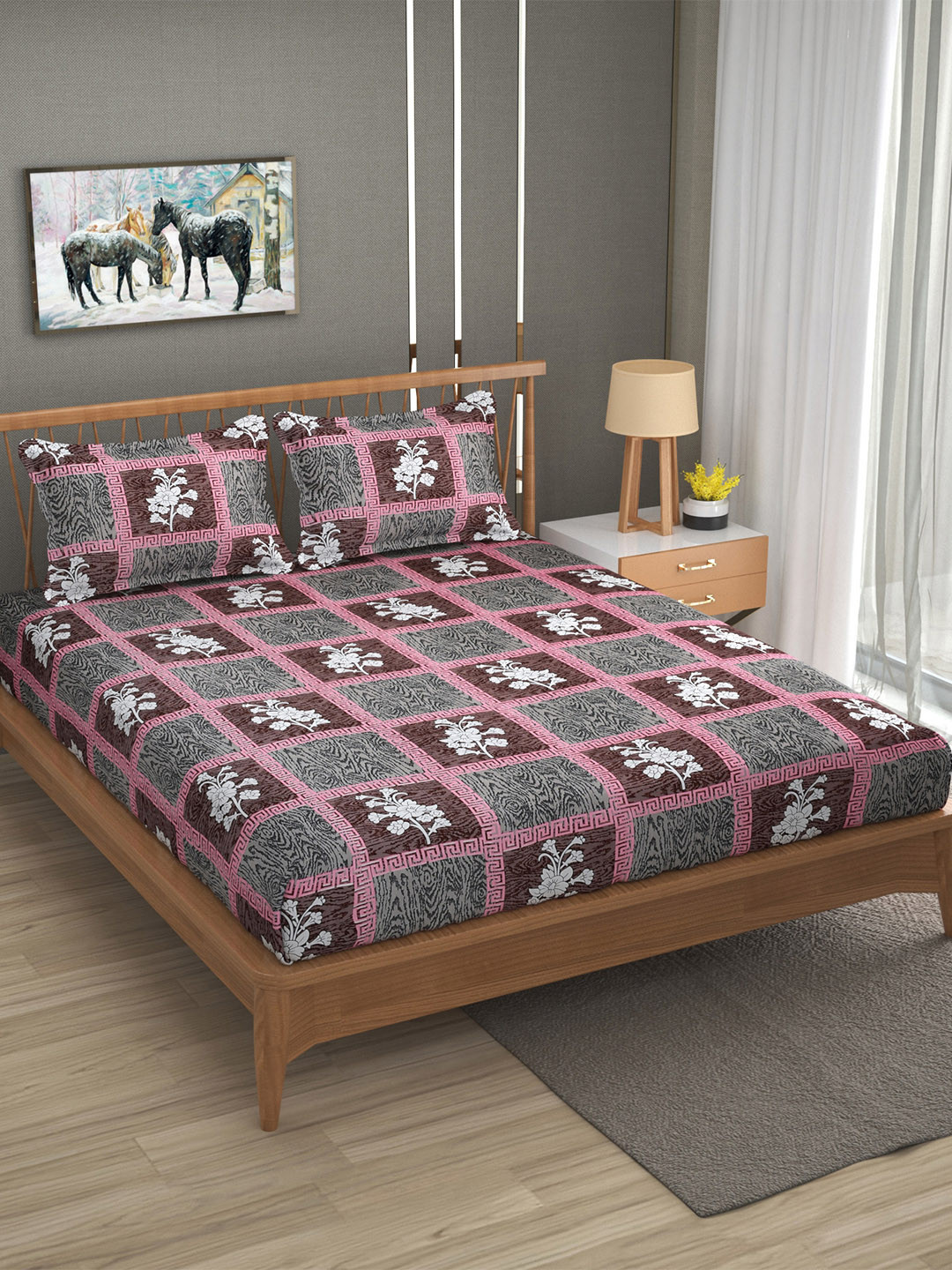 FURNOFY Multicoloured 130 GSM King Superfine Bedsheet with 2 Pillow Covers