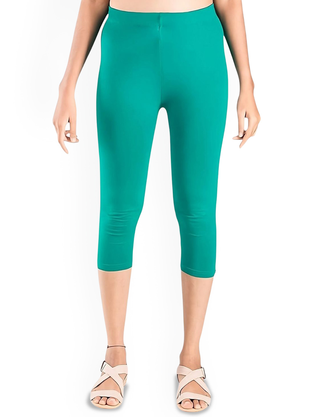 ZAYANQA Women Solid Slim Fit Three-Fourth Length Stretchable Cotton Teal Capri Leggings