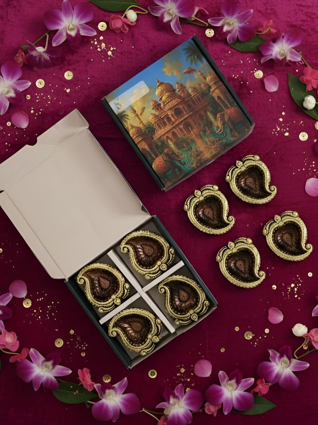 The handicraftian Bronze Toned & Gold Toned 8 PiecesTextured Alponso Designed Diyas