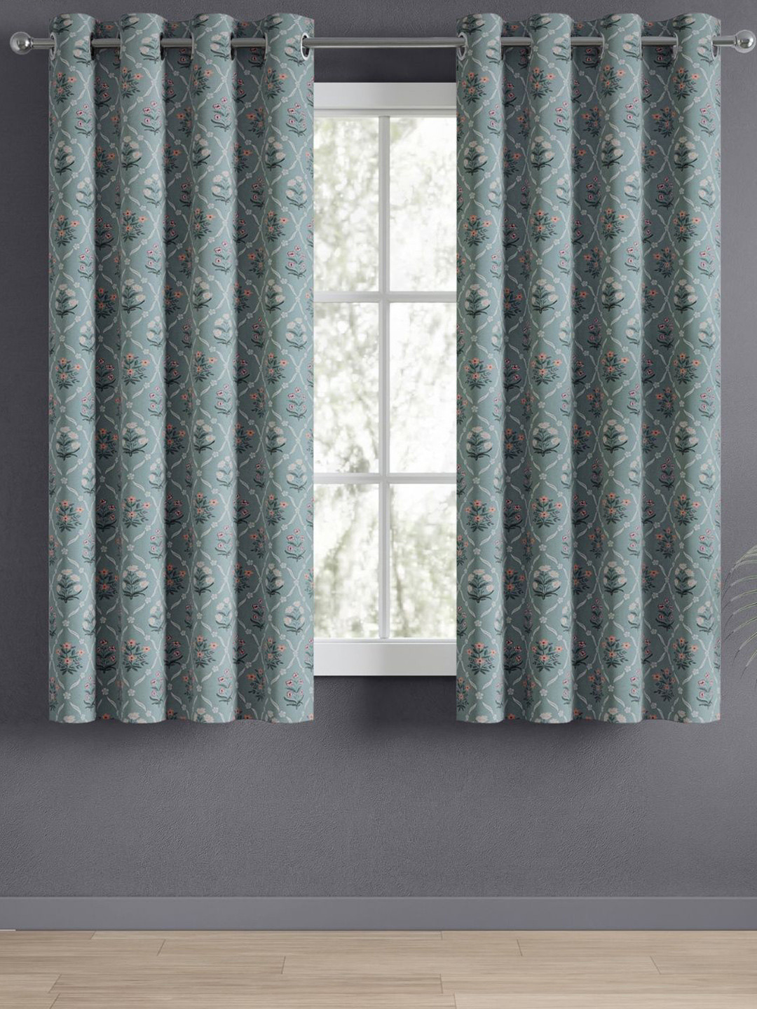 haus & kinder Teal & White Floral Room Darkening Pure Cotton Window Curtains