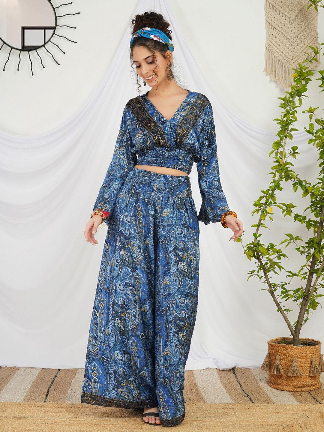 Boholyfe Sapphire Glow Printed V-Neck Top With Palazzo Co-Ords