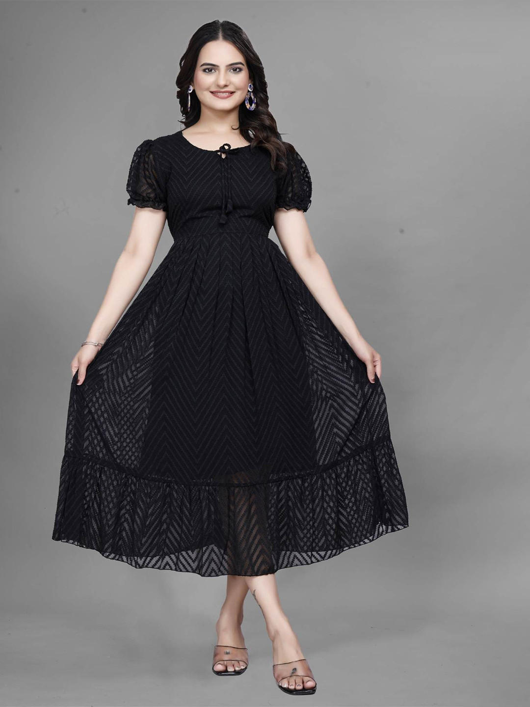 QENA Women Puff Sleeve Georgette Fit & Flare Midi Dress