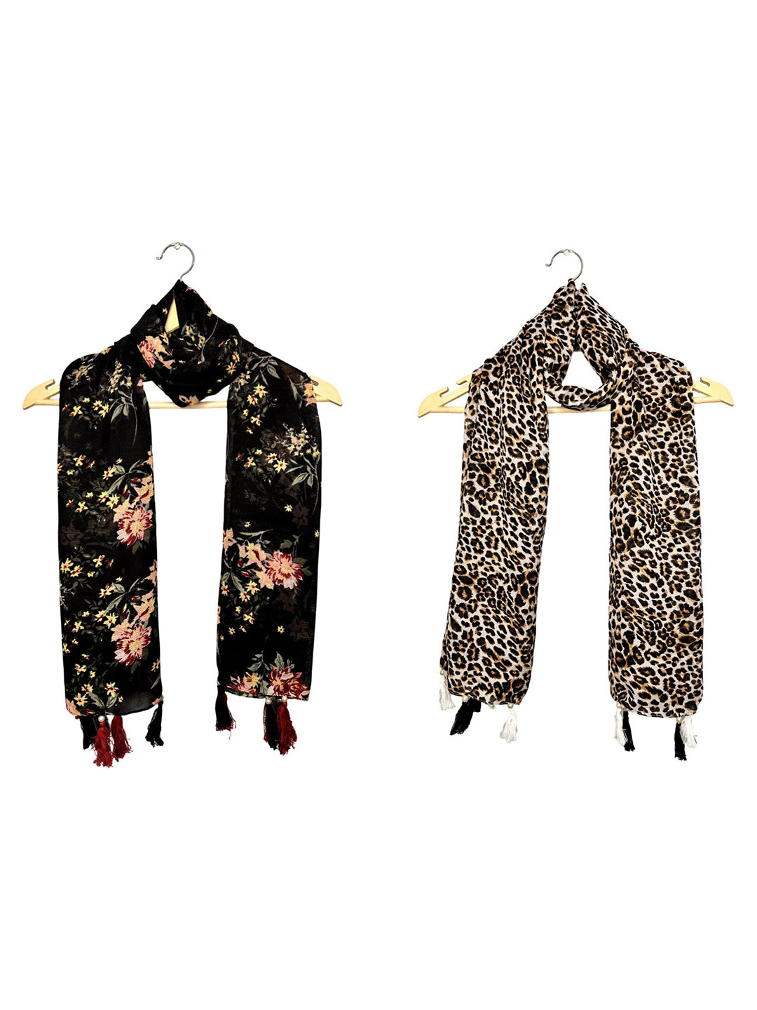 POSHAMPAA be desi Women Set of 2 Animal Printed Scarfs With Tasselled Border