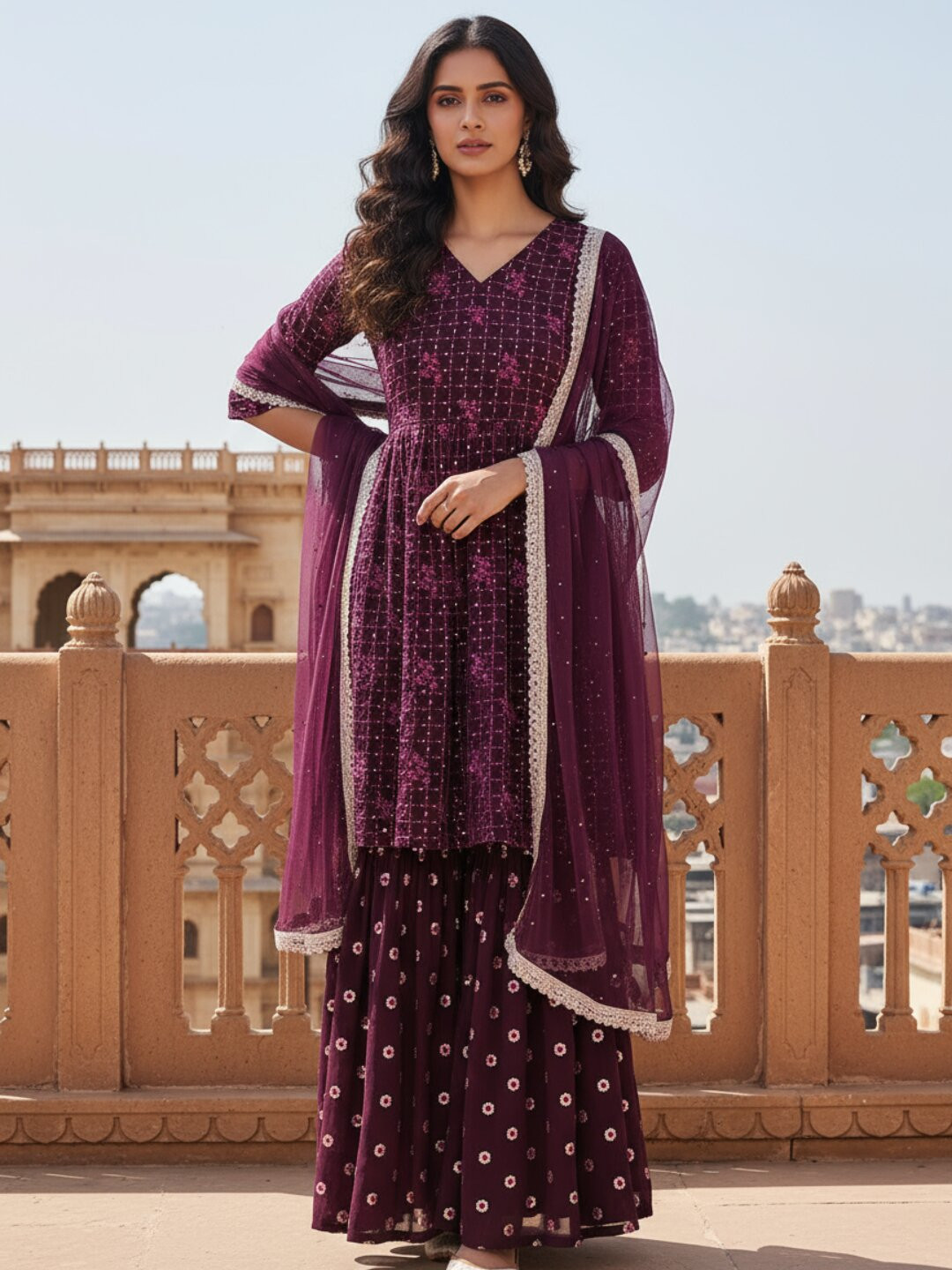 Libas Womens Purple Embroidered Georgette A-Line Kurta With Sharara & Dupatta