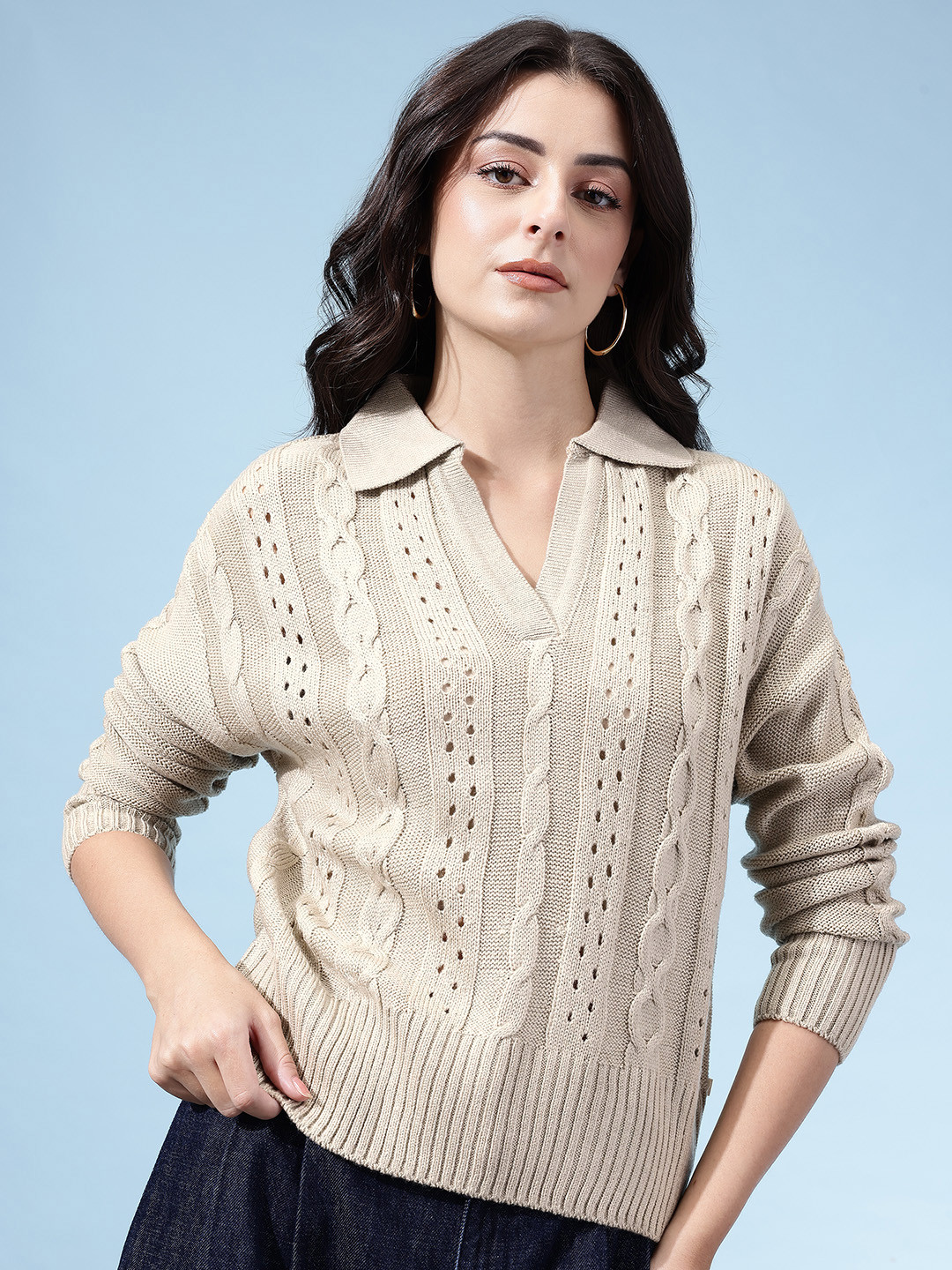 glitchez Cable Knit Shirt Collar Pullover