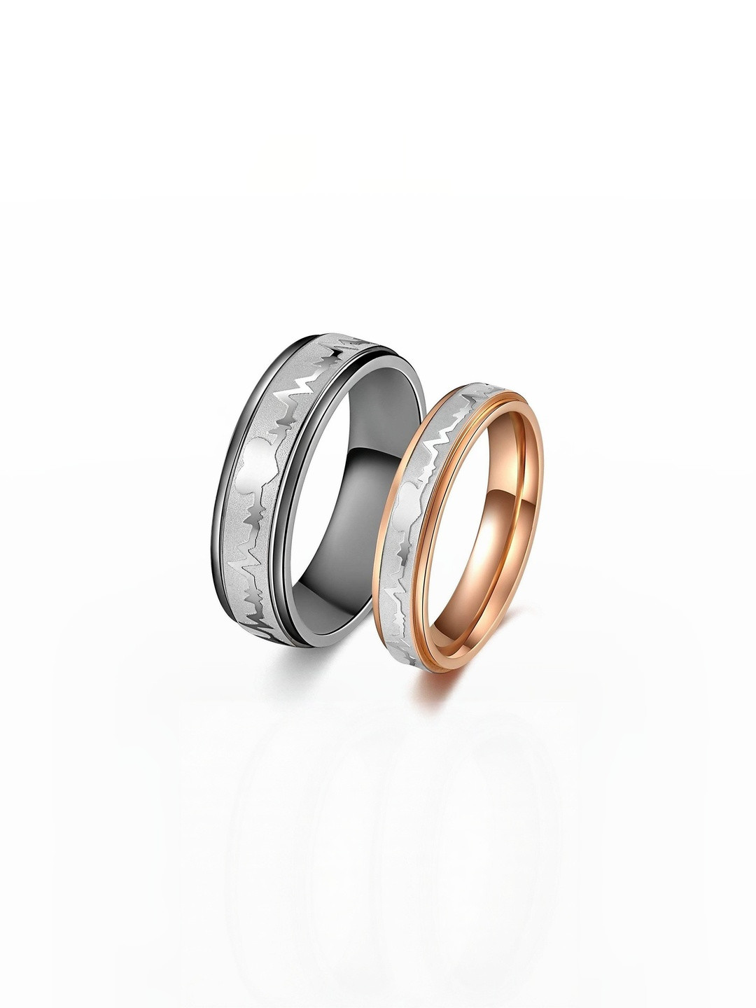 Moneekar Jewels Unisex Set of 2 Stainless Steel Couple Heartbeat Bands Finger Ring