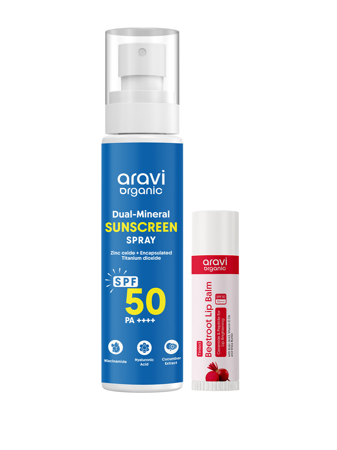 Aravi Organic Set Of 2 Dual-Mineral Sunscreen Spray- 100 ml & Tinted Lip Balm- 5 g