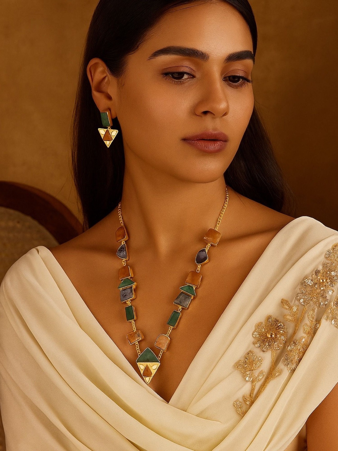 Digital Dress Room Gold-Plated Aventurine & Caroline-Studded Jewellery Set