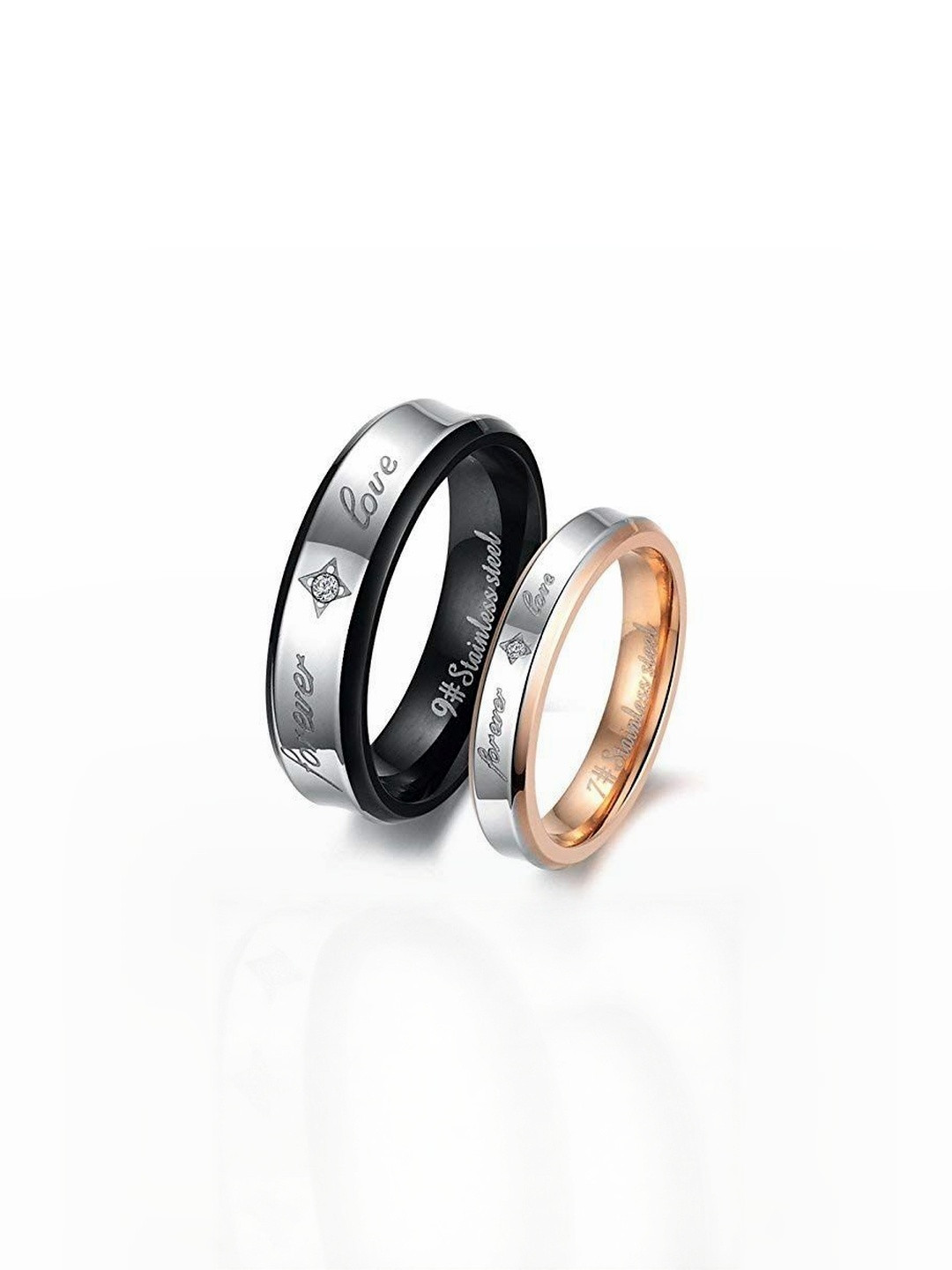 Moneekar Jewels Unisex Set of 2 Titanium & CZ Couple Finger Rings