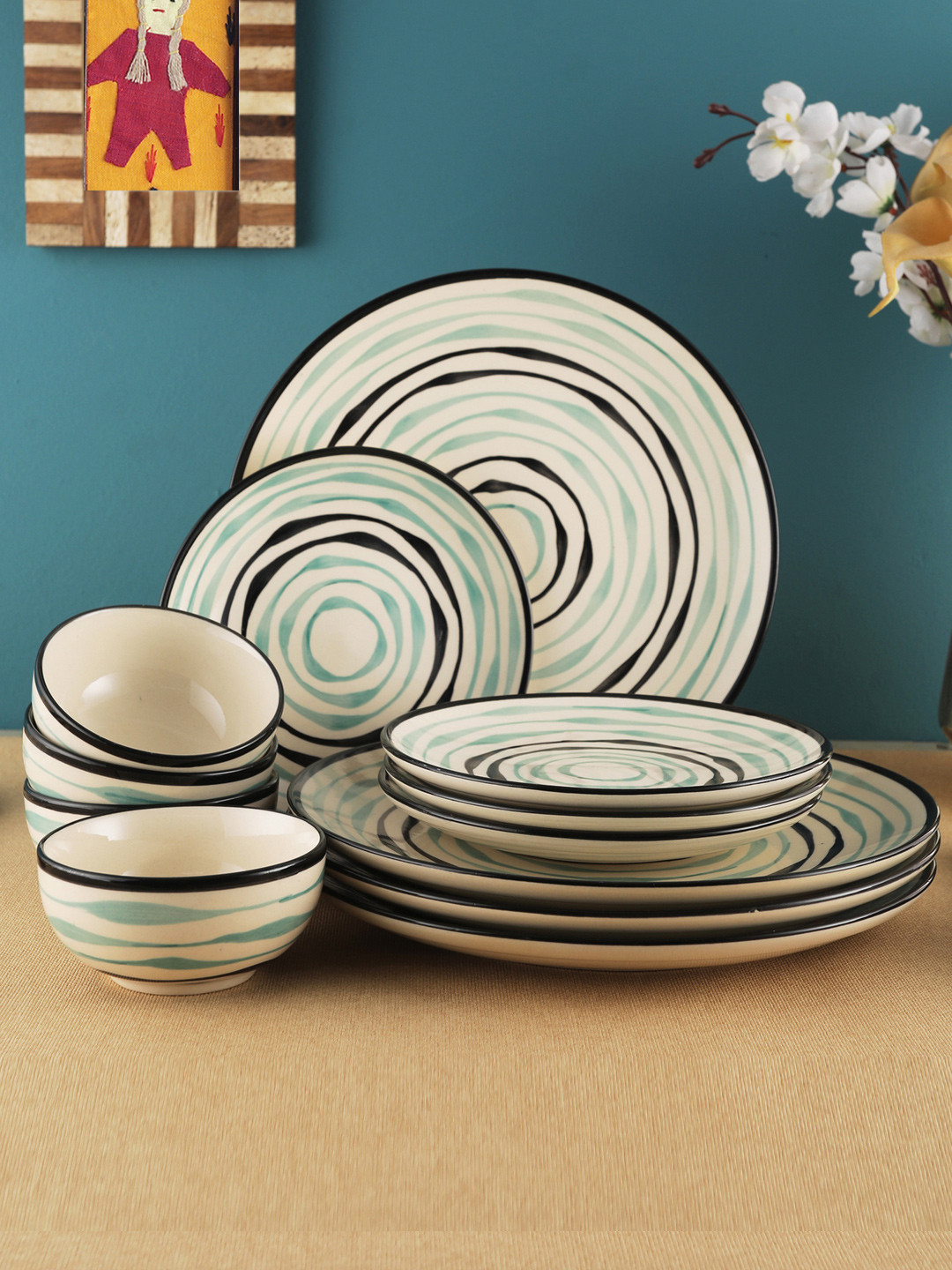 VarEesha Mugdha Off White Geometric Ceramic Microwave Safe 12 Piece Dinner Set