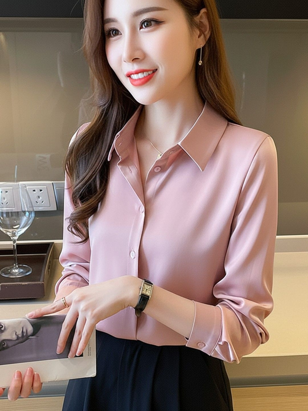 HERE&NOW Women Pink Spread Collar Long Sleeves Cotton Casual Shirt