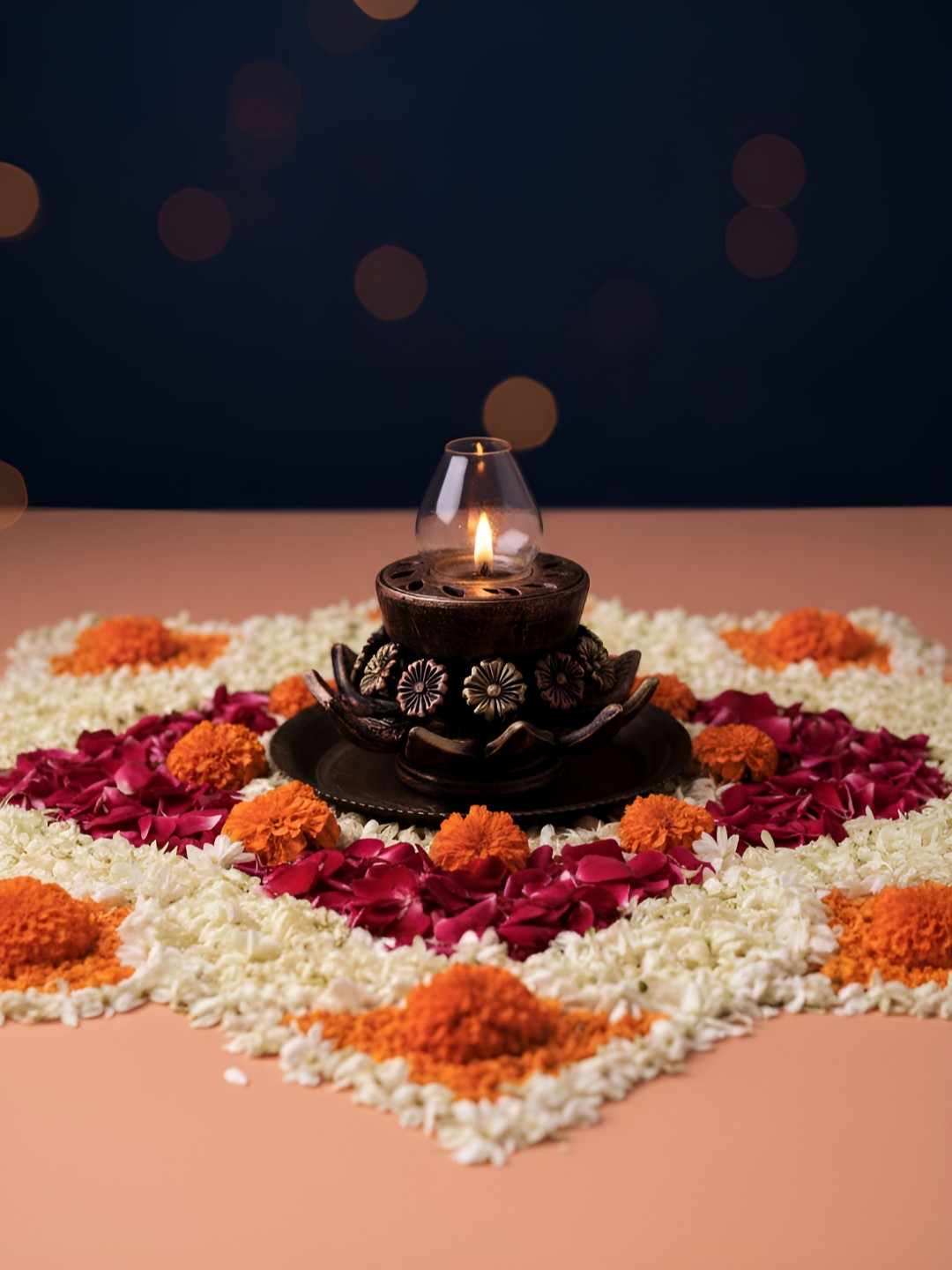 The handicraftian Bronze Toned Textured Open Rose Designed Akhand Jyot Diyas